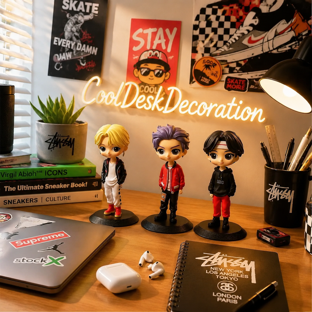 K-pop fan-inspired chibi figures displayed on a desk