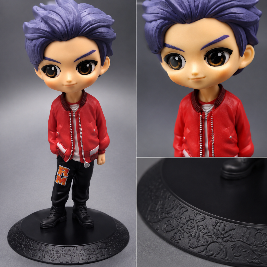 Close-up details of the purple-hair chibi figure and display base