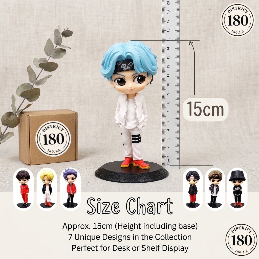 K-pop chibi figure size chart showing approximately 15cm height including base