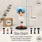 K-pop chibi figure size chart showing approximately 15cm height including base