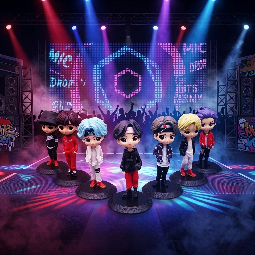 Seven K-pop fan-inspired chibi figures in a concert-style display