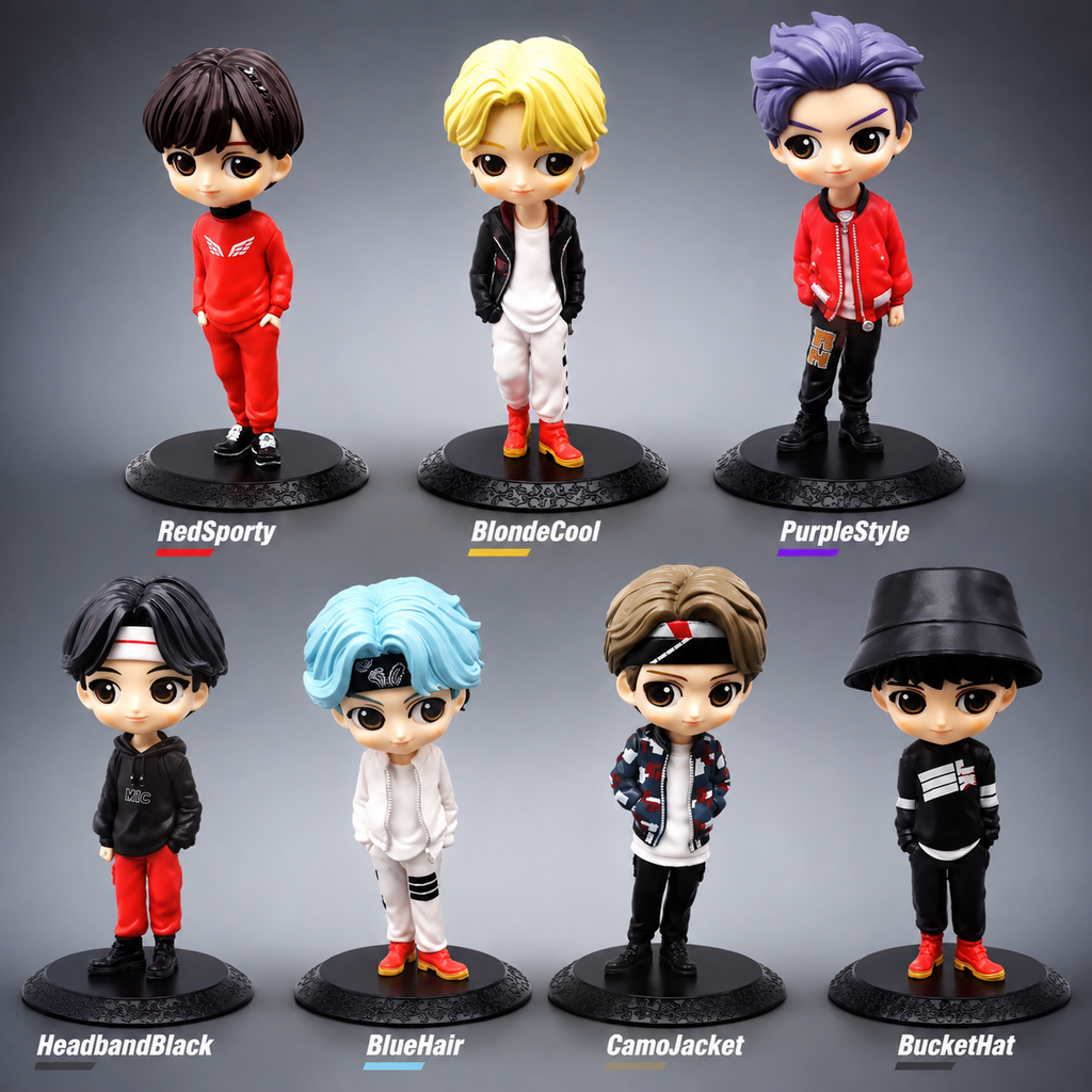 Style guide for seven K-pop fan-inspired chibi figures