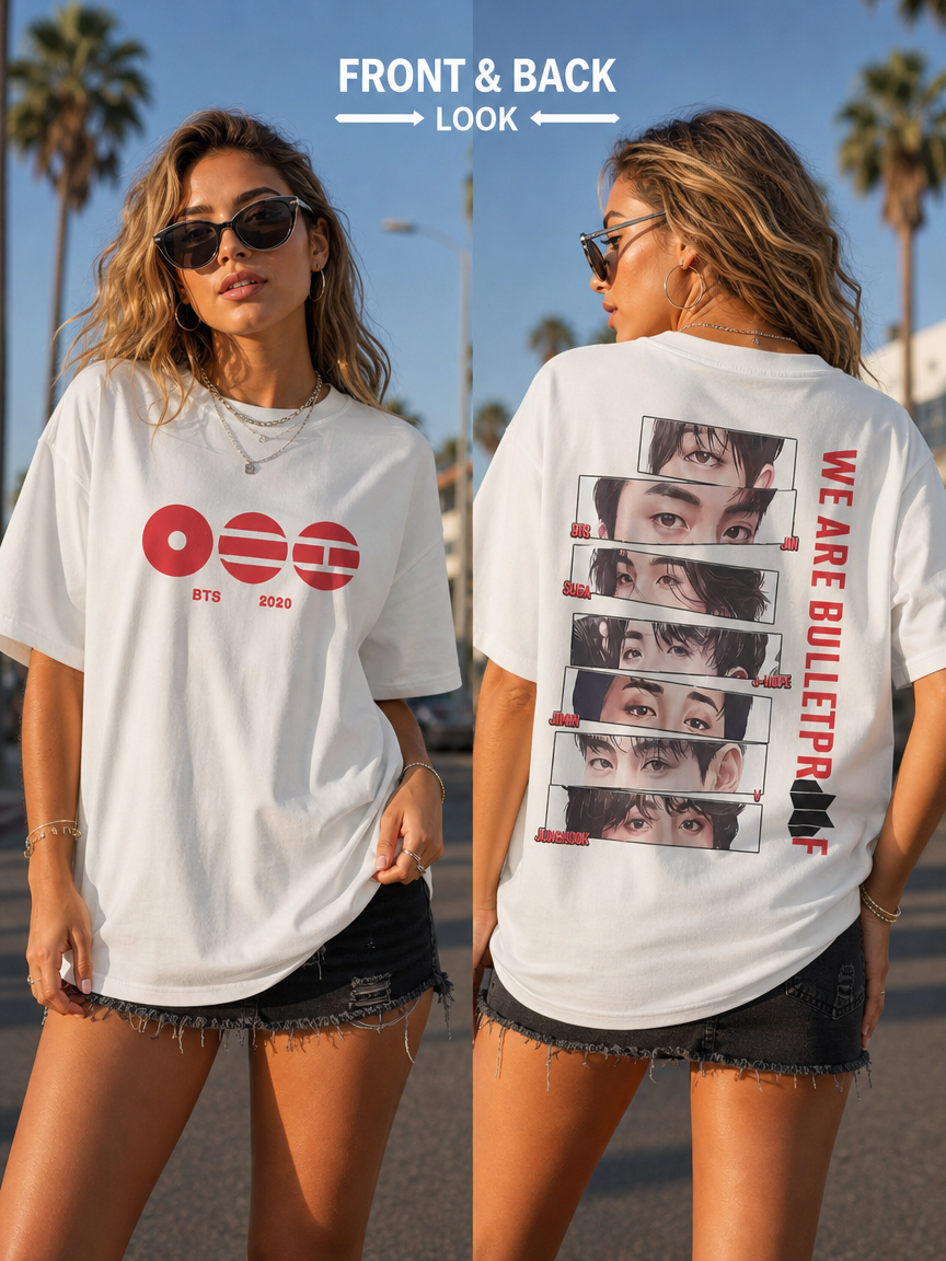 White K-pop fan-inspired T-shirt front and back street style