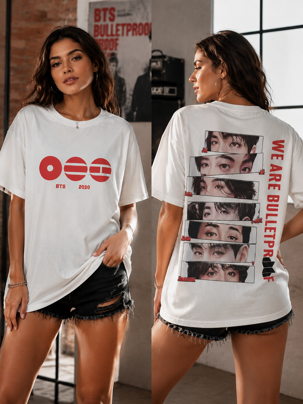 White K-pop fan-inspired T-shirt front and back indoor look