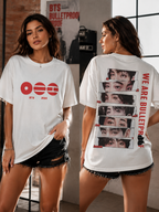 White K-pop fan-inspired T-shirt front and back indoor look