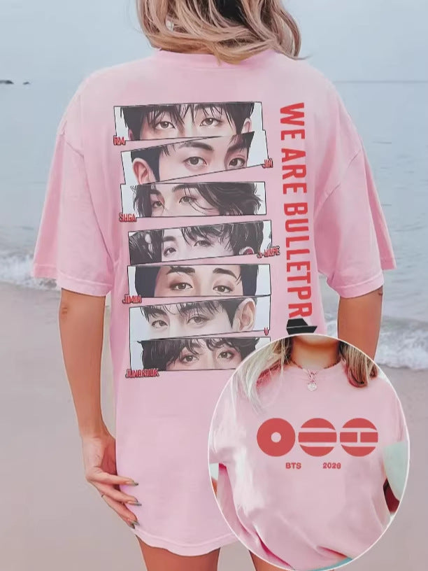 Pink K-pop fan-inspired graphic T-shirt with front and back print