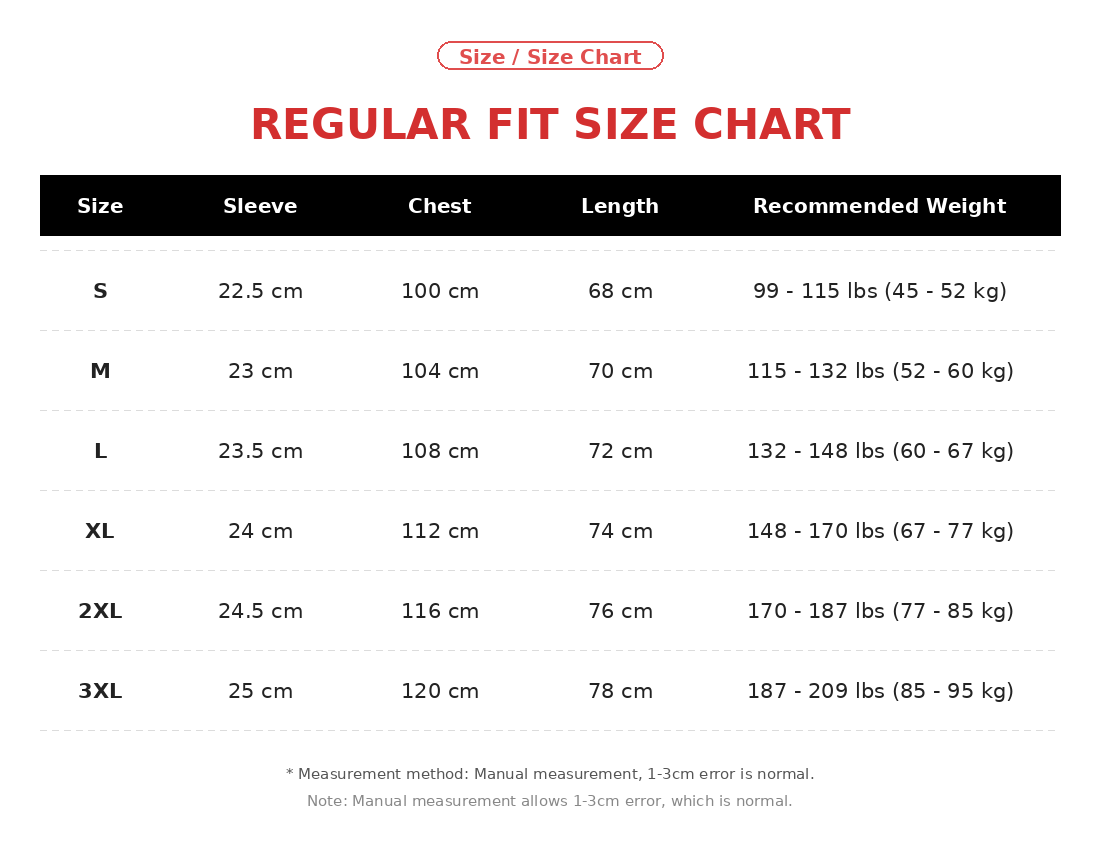 Product size chart in centimeters