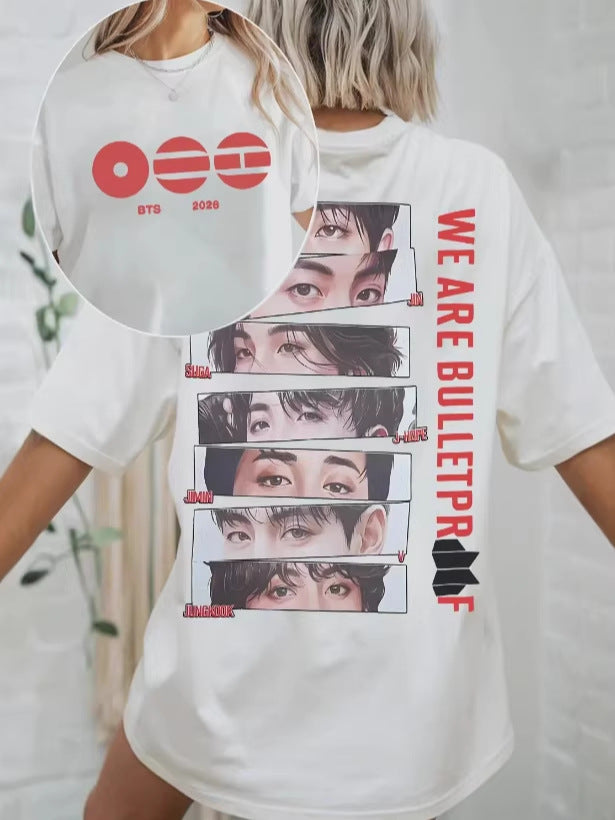 White K-pop fan-inspired graphic T-shirt with front and back print