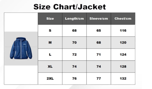 Product size chart in centimeters