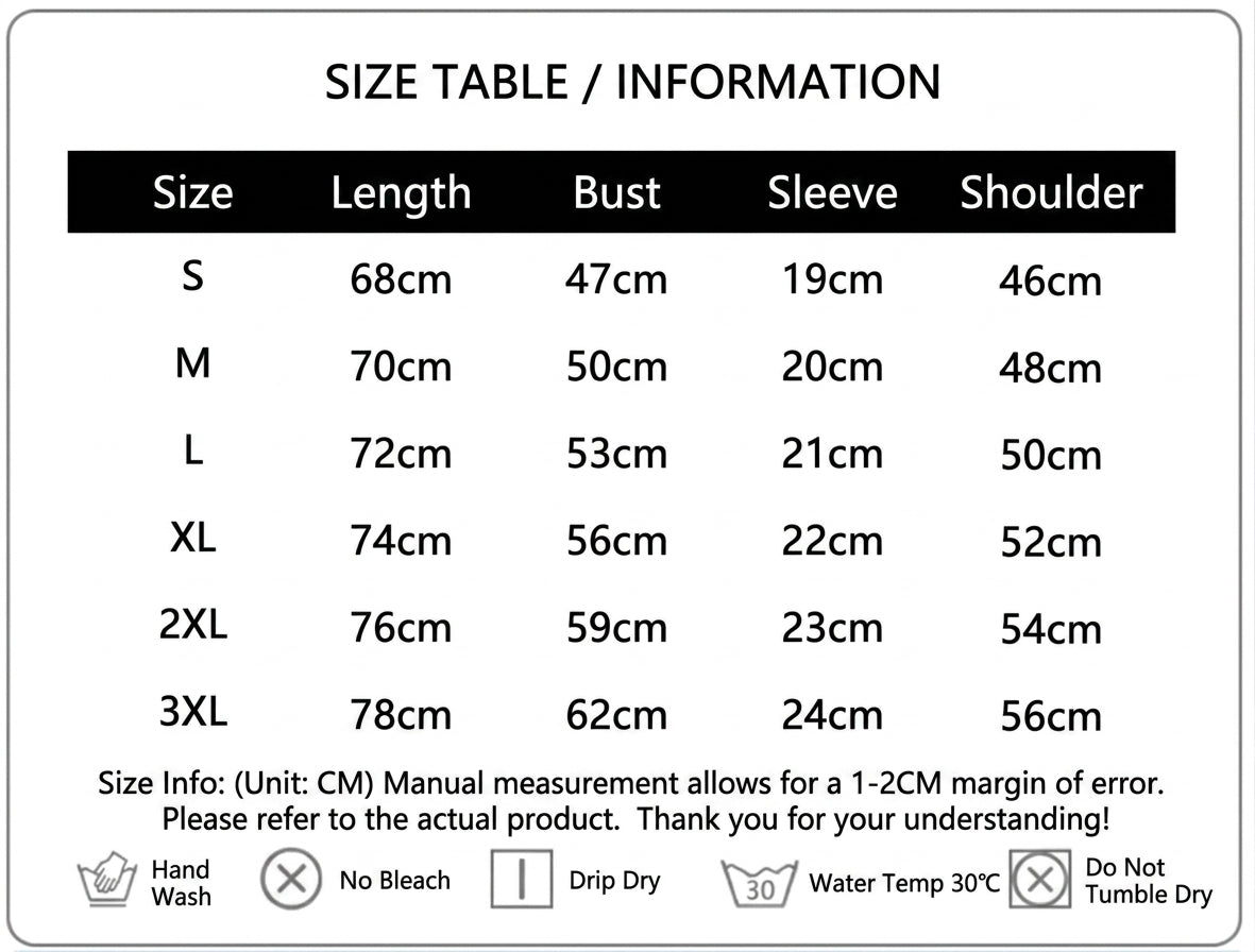 Product size chart in centimeters