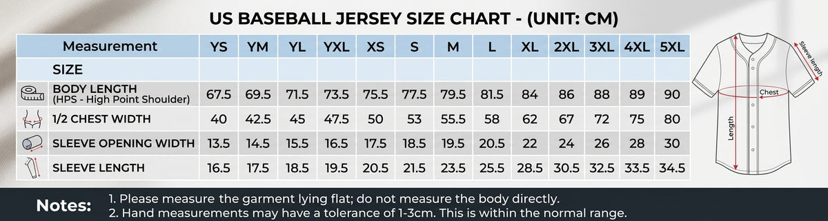 Product size chart in centimeters