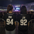 Black BTS baseball jersey front view on model