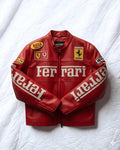 Red Ferrari Racing Leather Jacket front view showing embroidered sponsor patches and stand-up collar