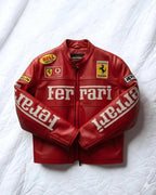 Red Ferrari Racing Leather Jacket front view showing embroidered sponsor patches and stand-up collar