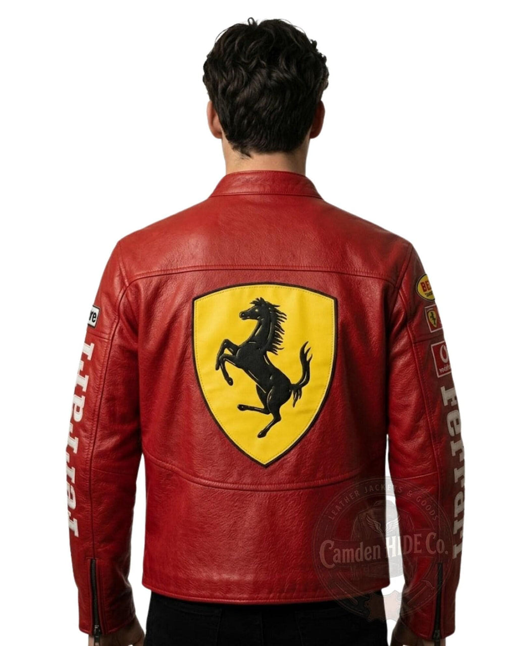 Close-up of Ferrari-inspired racing graphics and sponsor patch embroidery on red leather