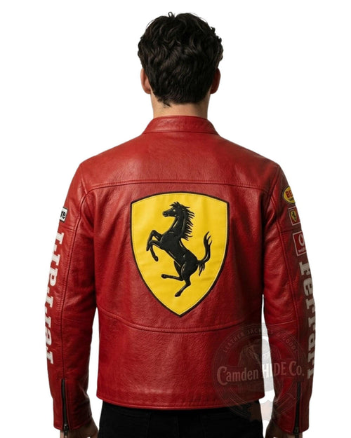 Close-up of Ferrari-inspired racing graphics and sponsor patch embroidery on red leather