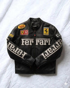 Side view of red Ferrari biker jacket showing YKK zipper and adjustable cuffs