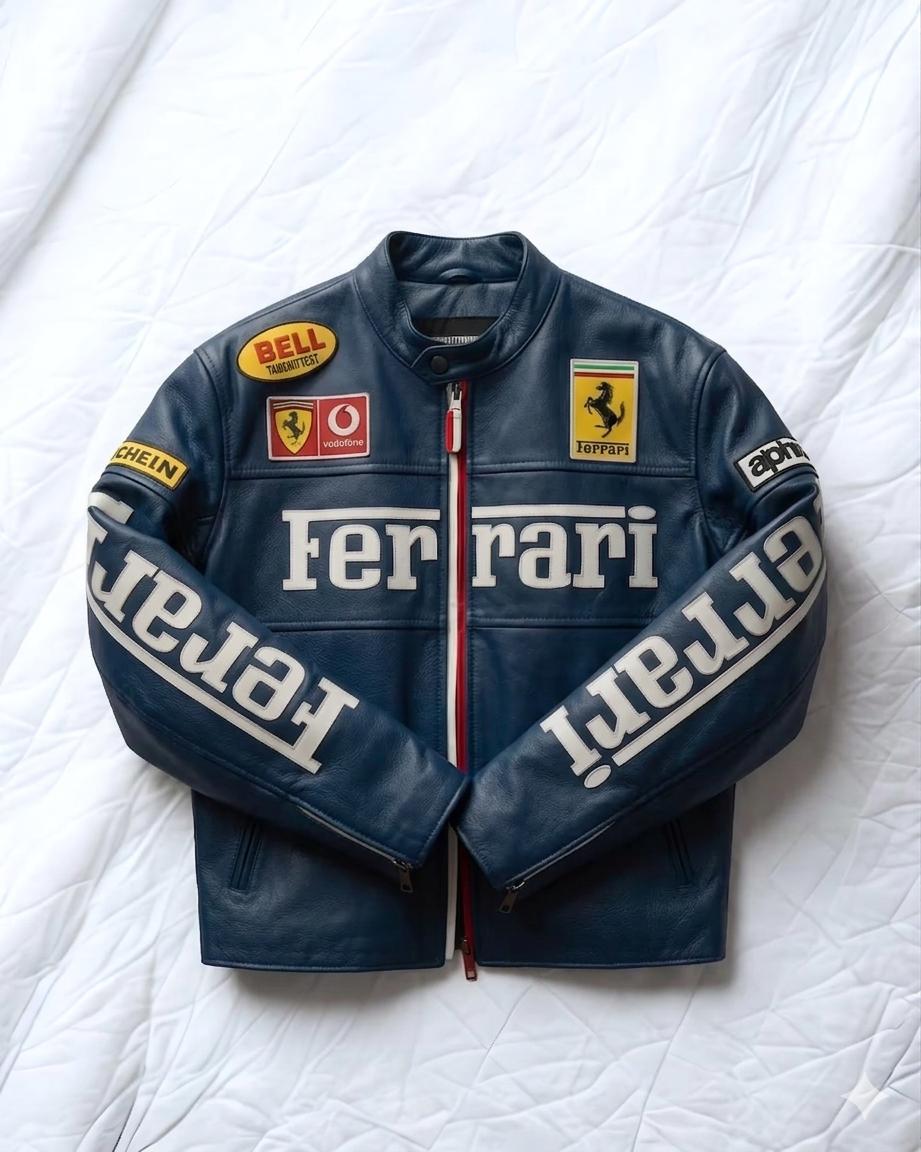 Back view of red Ferrari leather racing jacket with smooth finish