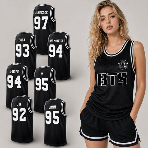 Front view of custom BTS basketball jersey with BTS logo design