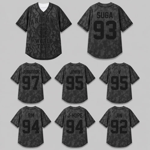 Front view of grey K-Pop themed baseball jersey with button closure