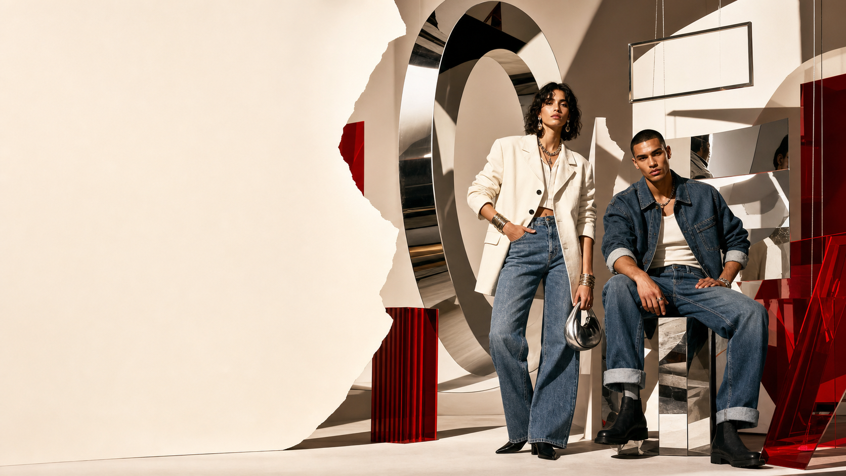 District 180 fashion editorial featuring contemporary denim and tailoring in a sculptural gallery set